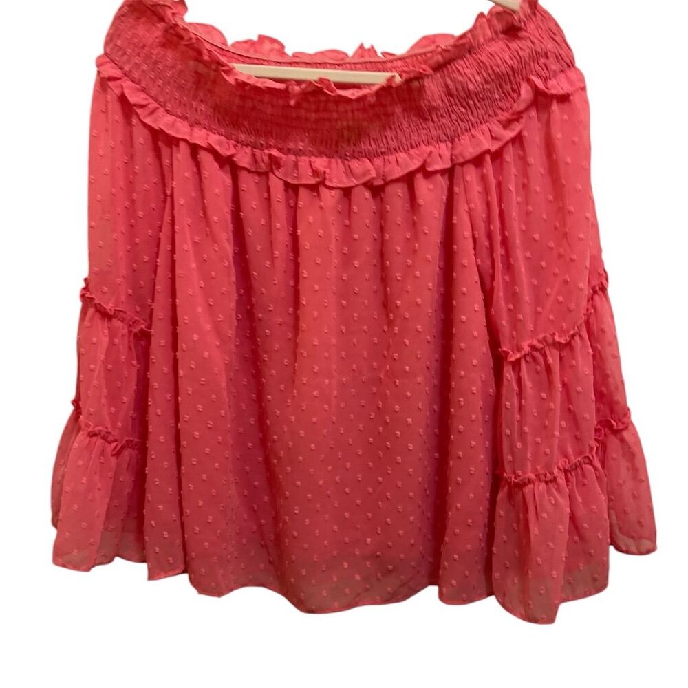 Entro Women's Pink Swiss Dot Off Shoulder Tiered Sleeve Blouse Size M